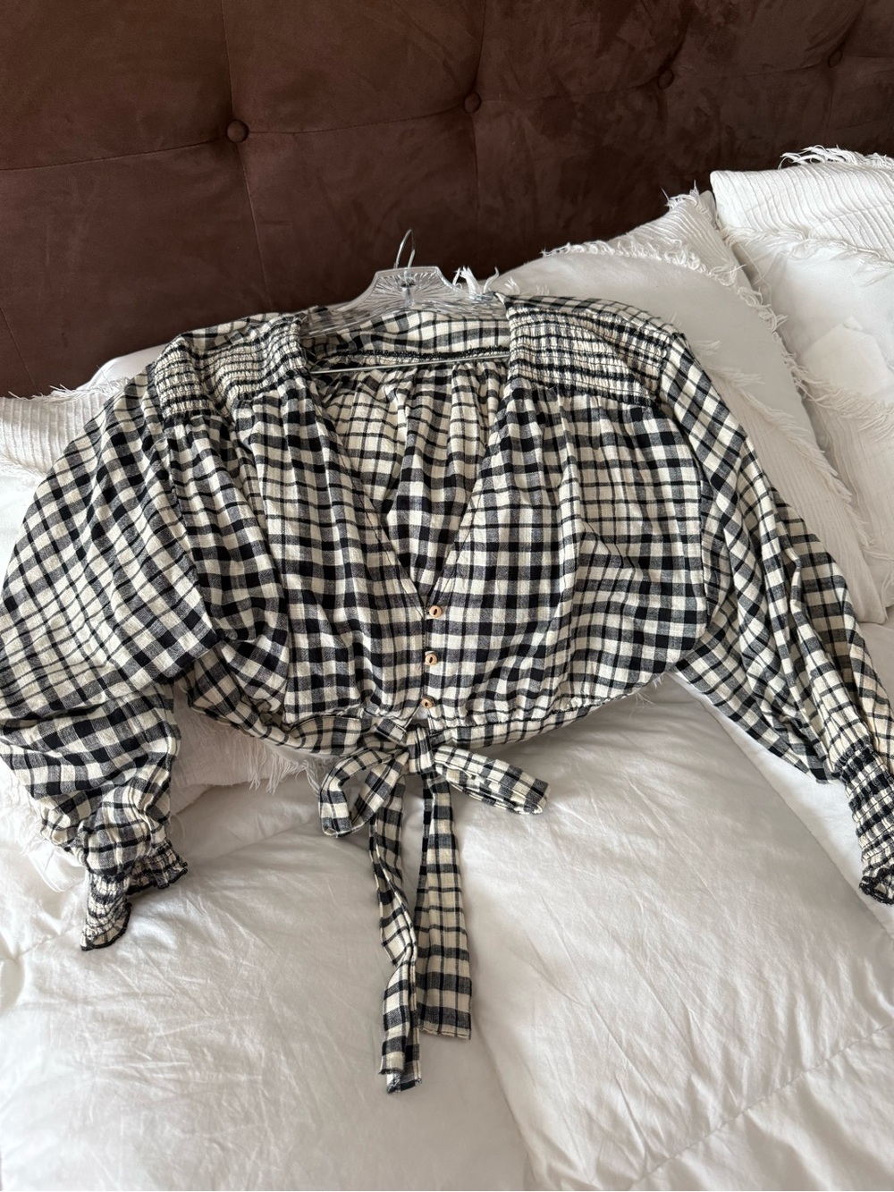 Zara Black & Cream Checked Tie-Front Blouse